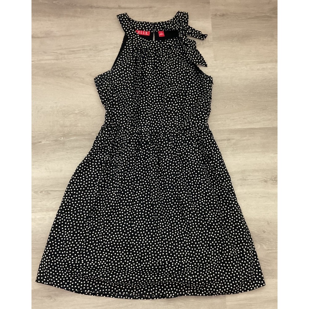 ELLE Black White Polka Dot Cotton Halter Fit Flare Dress Size 6 Bow Accent